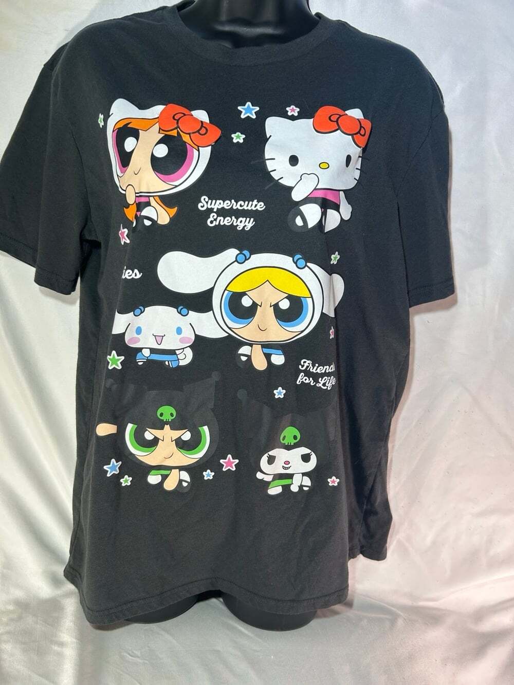 Hello Kitty, Power Puff Girls,Besties multi Character Black Small girl T-Shirt